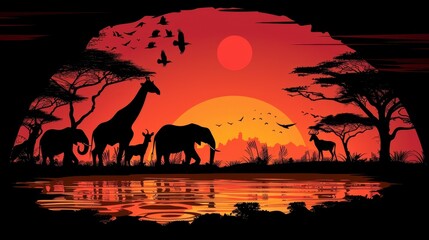 Sticker -   A sunset scene featuring a group of giraffes and one giraffe before a water body