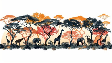 Poster -   A group of giraffes stand beside one another, facing a dense forest teeming with numerous trees