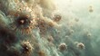 Detailed visualization of virus particles in an atmospheric haze, signifying the spread of infectious diseases