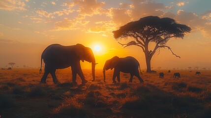 Poster -   A herd of elephants traverses a grassy field as the sun sets, framed by a solitary tree in the foreground