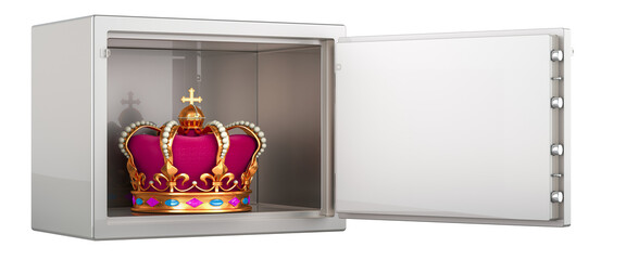 Poster - crown inside safe box with combination lock, 3d rendering isolated on transparent background