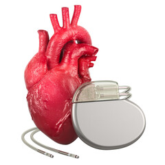 Poster - human heart with implantable cardiac device, 3d rendering isolated on transparent background