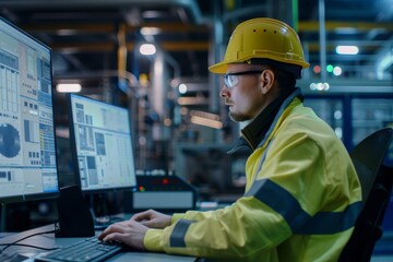 Poster - An industrial engineer in a yellow vest and helmet works diligently on a computer amidst the backdrop of a modern, high-tech facility