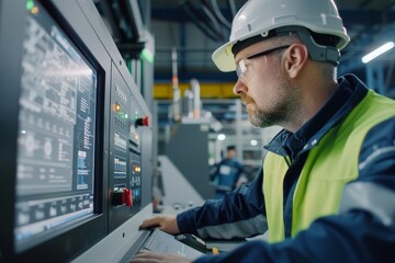 Leinwandbilder - In a manufacturing plant, a worker is seen operating a complex control panel, indicating the integration of technology in industry