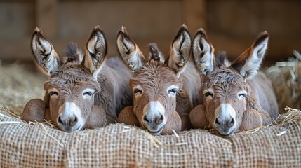 Canvas Print -   A collection of donkeys seated side by side on a hay bed in a barn, surrounded by hay bales