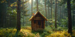 A small cabin in the woods with a swing hanging from it, AI