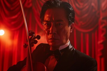 Poster - Blurred face of a violinist performing on stage, captured in dramatic red lighting