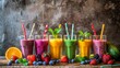 Freshly blended fruit smoothies in assorted colorful glasses with straws. Selection of colorful smoothies and ingredients in glasses, rustic background. Freshly blended fruit smoothies.