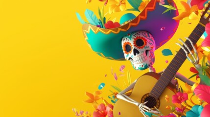 Colorful Mexican Cinco de Mayo skeleton calavera puppet wearing a sombrero hat and guitar. Fun Day of the Dea, All Souls Day festive background with copy space.  