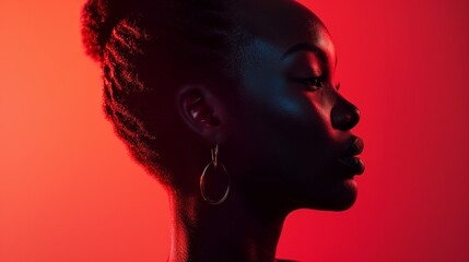 Canvas Print - A woman with a black afro and hoop earrings in front of red background, AI