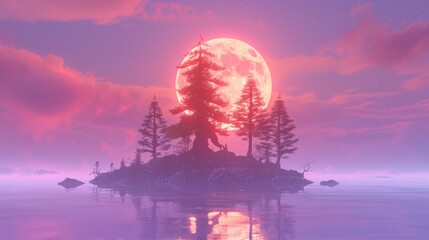 Wall Mural - A full moon over a small island with trees and water, AI