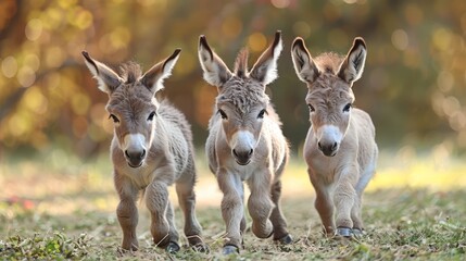Wall Mural -   Three baby donkeys walk in a line through a grassy area, surrounded by trees in the background