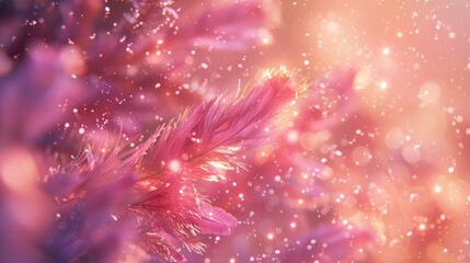 Poster - A close up of a pink feather with bubbles and stars, AI