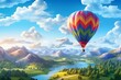 A colorful hot air balloon is flying over a beautiful landscape with a river and mountains