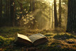 An open magic book in a forest with blue butterflies flying out of it.	
