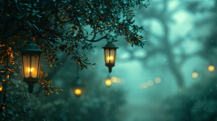 Sticker - A bunch of lanterns hanging from a tree in the rain, AI