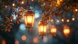 Two hanging lanterns are lit up in the night sky, AI