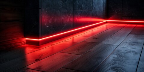 Wall Mural - A red light is shining on a wooden floor in the dark, AI