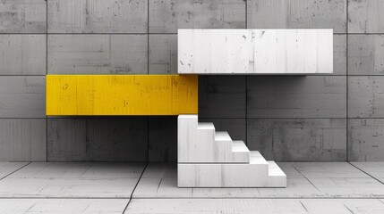 Canvas Print - A white and yellow stairway with a grey wall in the background, AI