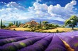 Purple lavender flowers field with a house in the background, colorful illustration