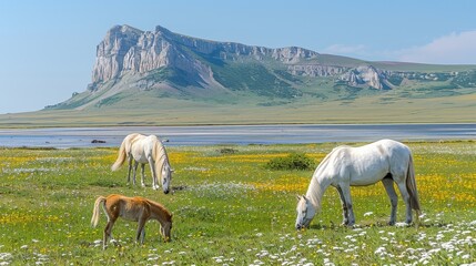 Wall Mural -   A group of horses graze in a field, a mountain looms in the background, and a body of water lies in the foreground