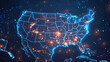 United States Outline: The central focus is an illuminated outline of the United States, glowing in vibrant blue and orange hues. Crisp lines delineate the country’s borders and state boundaries