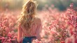   A woman with her back to the camera faces a field of blooming flowers The wind gently caresses her hair, causing it to billow around her head