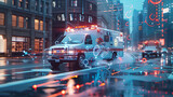 Fototapeta Londyn - The central focus is a white ambulance with red and blue emergency lights activated. It’s speeding down a city street, likely responding to an emergency.