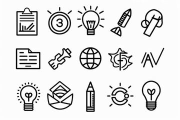 Wall Mural - Line icons about creative ides and solutions. Outline symbol collection. Editable vector stroke. 64x64 Pixel Perfect. vector icon, white background, black colour icon