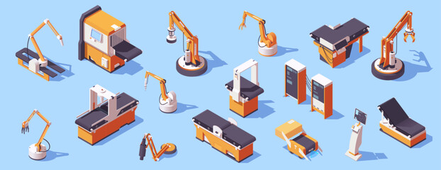 Isometric vector illustration of various industrial robotic arms and machinery on a light blue background, symbolizing automation. Vector illustration