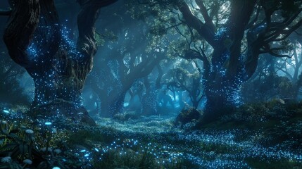 Poster - A mystical night scene in an enchanted forest with sparkling blue fireflies setting a magical mood