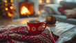 Mug with hot tea on a table in a cozy living room with a fireplace on a winter day