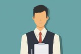 Fototapeta  - Illustration of a professional man holding a clipboard in a vest and tie His face is intentionally blurred out
