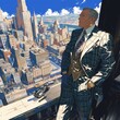 Stylish Businessman in Striped Suit Against Urban Skyline Backdrop