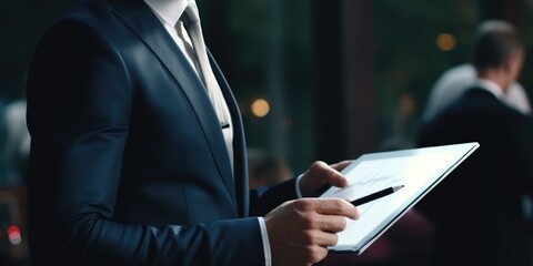 A man in a suit holding a clipboard