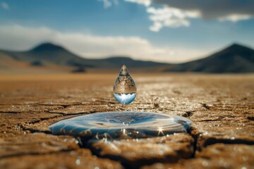 A drop of water is falling on a desert landscape. Water crisis concept