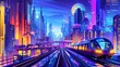 Bring a futuristic cityscape to life in a side view, using vibrant colors and meticulous detailing in a 3D vector art style Show dynamic architecture and sleek transportation for a visually captivatin