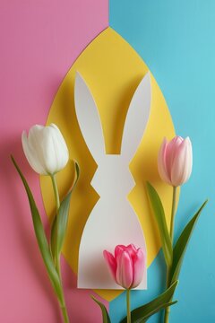 Paper cutout of a bunny with tulips, perfect for Easter decorations