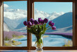 Purple tulips are standing on the table next to an open window with mountains and a river outside