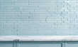light marble countertop on a light blue brick wall background