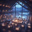 Inviting Mountain Chalet Bar at Dusk - Stylish Interior and Spectacular Exterior Views