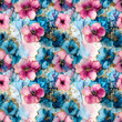 seamless pattern of elegant pink and blue flowers alcohol ink background with gold glitter elements