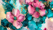 elegant pink and teal flowers alcohol ink background with gold glitter elements