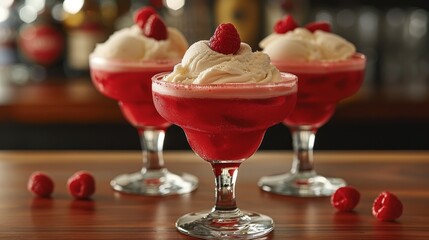   A wooden table holds two glasses, each filled with scoops of ice cream topped with plump raspberries