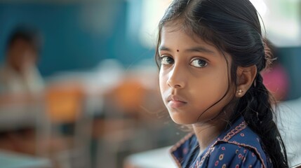 Poster - A young girl sitting at a table in a classroom