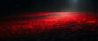 This dramatic image captures a dark, starlit sky above a vibrant, red and black textured surface resembling molten lava