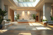 modern spacious lobby with natural light, elegant furniture and green plants