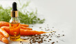 Carrot seeds cosmetic oil in a glass cosmetic pipette bottle with carrot the light background. Copy space for text