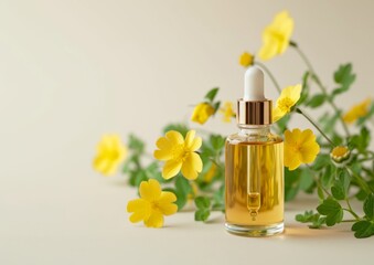 Celandine cosmetic oil in a glass pipette bottle with celandine plant with yellow flowers on the light beige background. Mockup of oil bottle for label, copy space for text