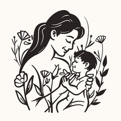 Wall Mural - Vector line art mother and kid with flowers